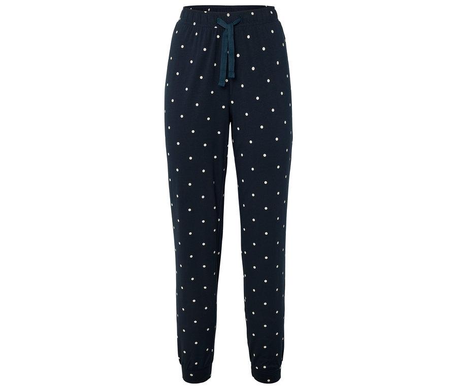 Marineblaue Jogginghose mit weißen Punkten und Kordelzug.