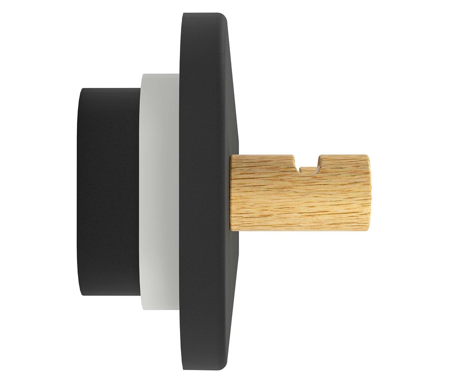 Detailansicht von der Seite eines schwarzen und weißen Wandhakens mit einem Holzdübel.