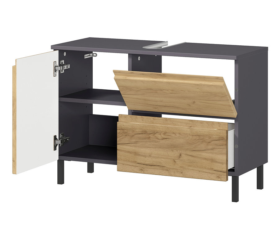 Ein graphit-eichefarbener Badezimmerschrank mit zwei Türen.