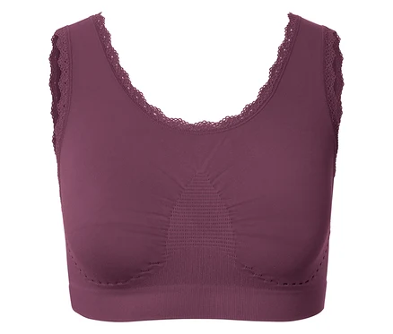 Lila Sport-BH mit Spitze.