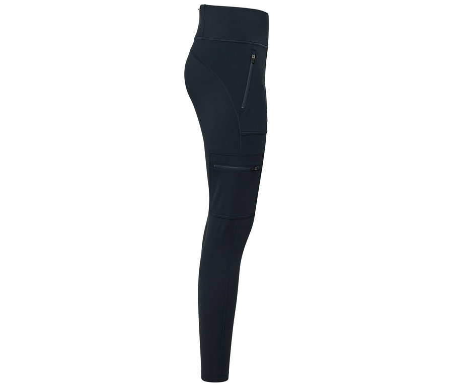 Dunkelblaue Leggings mit Reißverschlusstaschen.