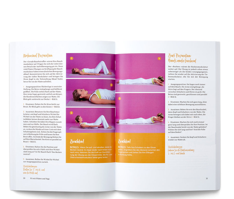 Aufgeschlagenes Buch mit Abbildungen einer Frau, die Yoga übt. Das Buch ist »Leben in Balance«.