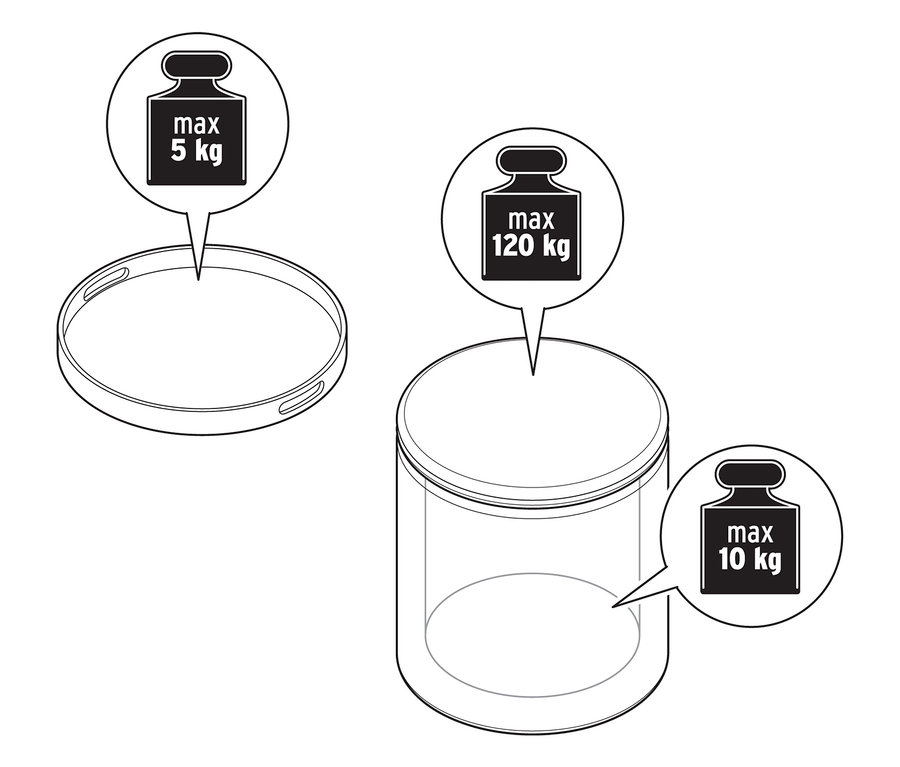 Illustration eines Beistelltisches mit Tablett und Sitzfunktion, mit Gewichtsangaben.