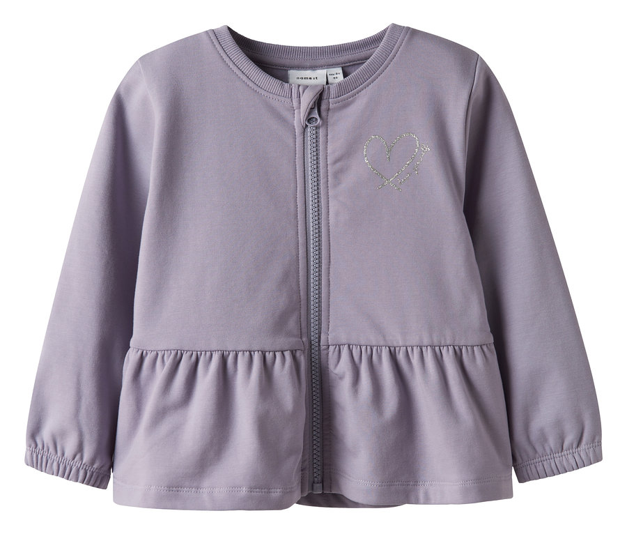 Lila NAME IT Kinder-Sweatjacke mit Reißverschluss und Herzapplikation.