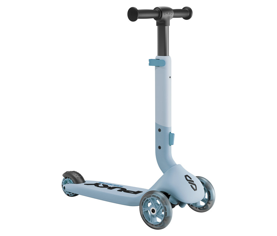 Blauer PUKY Roller PUSH mit schwarzem Lenker und transparenten Rädern steht auf einem weißen Hintergrund.