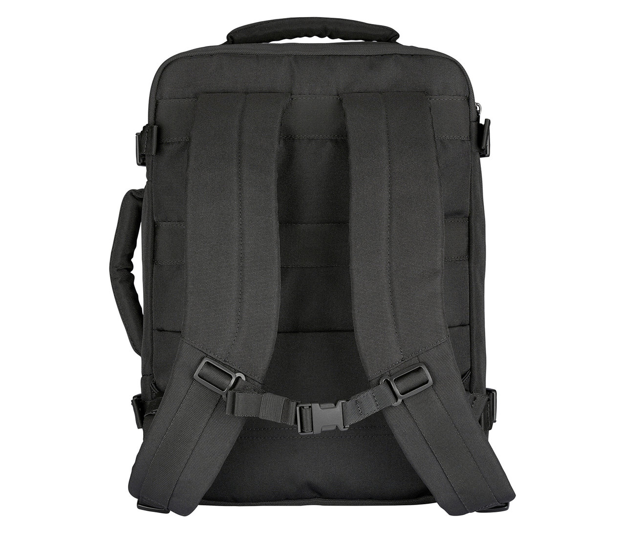 Rückansicht eines schwarzen Rucksacks mit zwei Schultergurten.