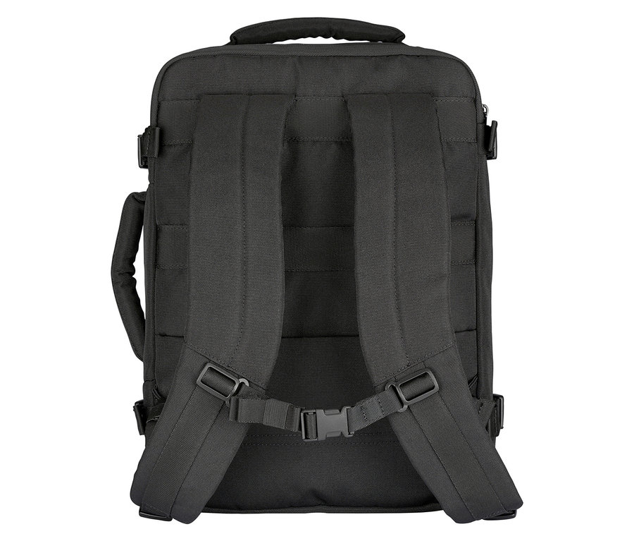 Rückansicht eines schwarzen Rucksacks mit zwei Schultergurten.