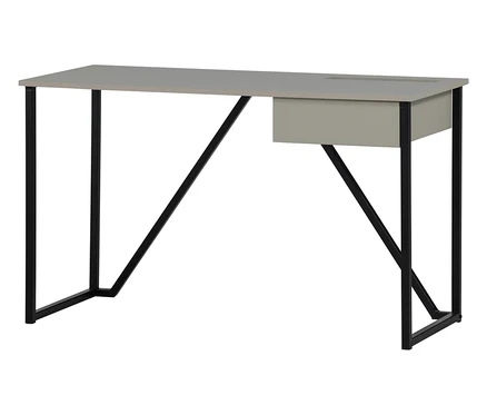 Ein grauer Schreibtisch mit schwarzem Metallgestell und einer Schublade.