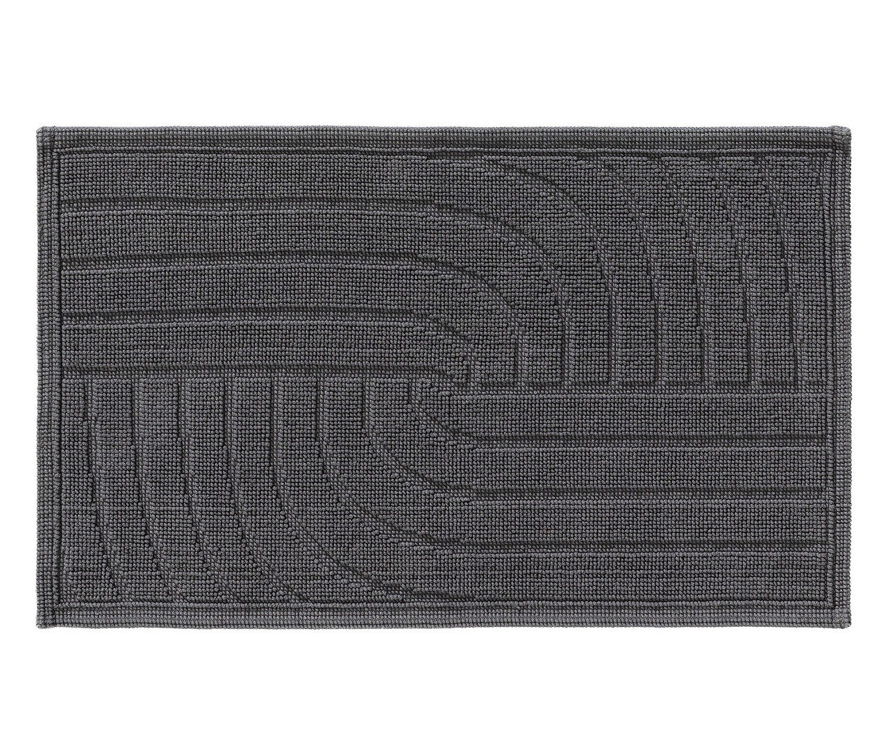 Ein grauer Türvorleger mit einem geometrischen Muster.