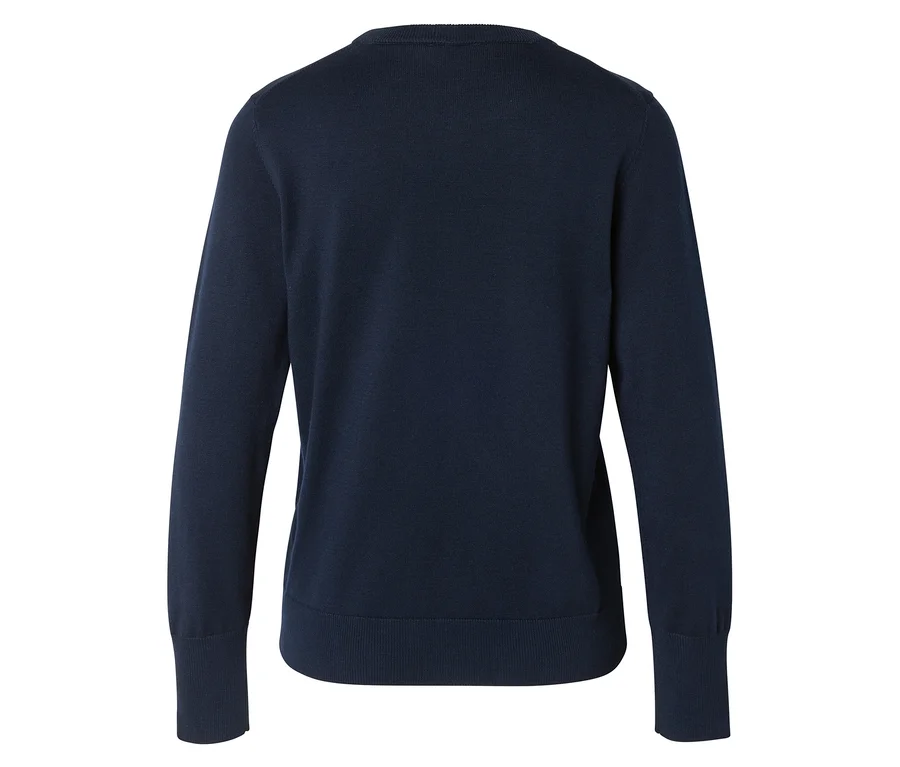 Rückansicht eines marineblauen Strickpullovers mit langen Ärmeln und Rundhalsausschnitt.