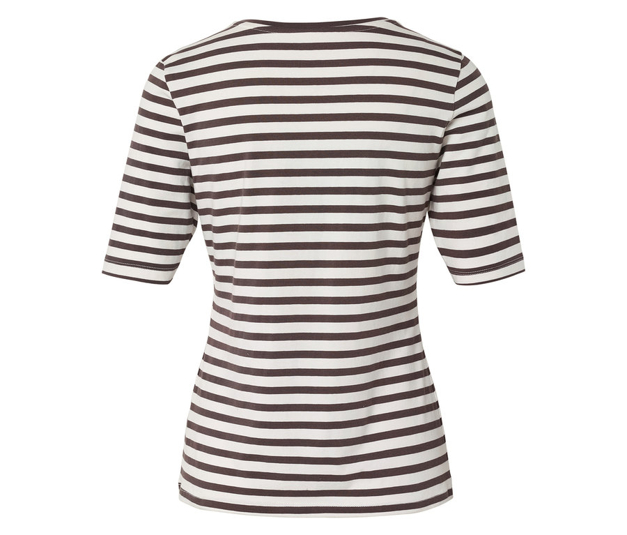 Rückansicht eines taillierten, kurzärmeligen Shirts mit braunen und weißen Streifen.