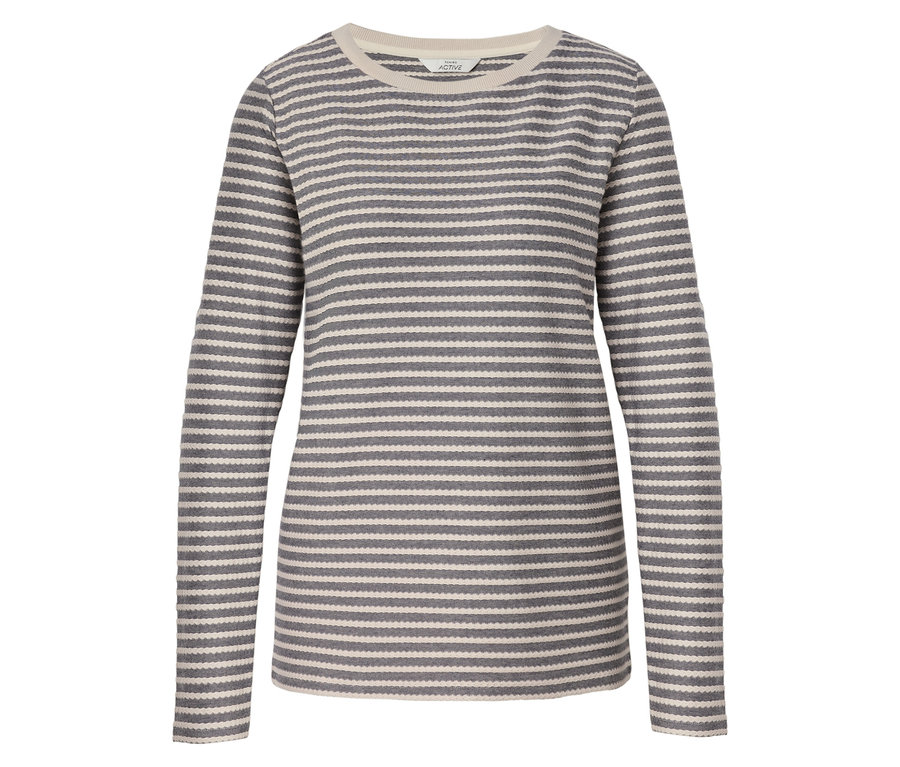 Grau-beiges gestreiftes Outdoor-Shirt mit Rundhalsausschnitt.