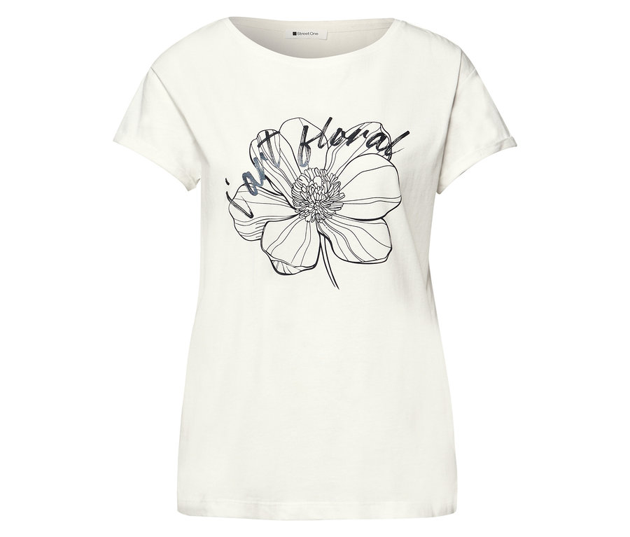 Das Street One T-Shirt ist weiß und hat eine große stilisierte Blume mit dem Schriftzug 'light floral' auf der Vorderseite.