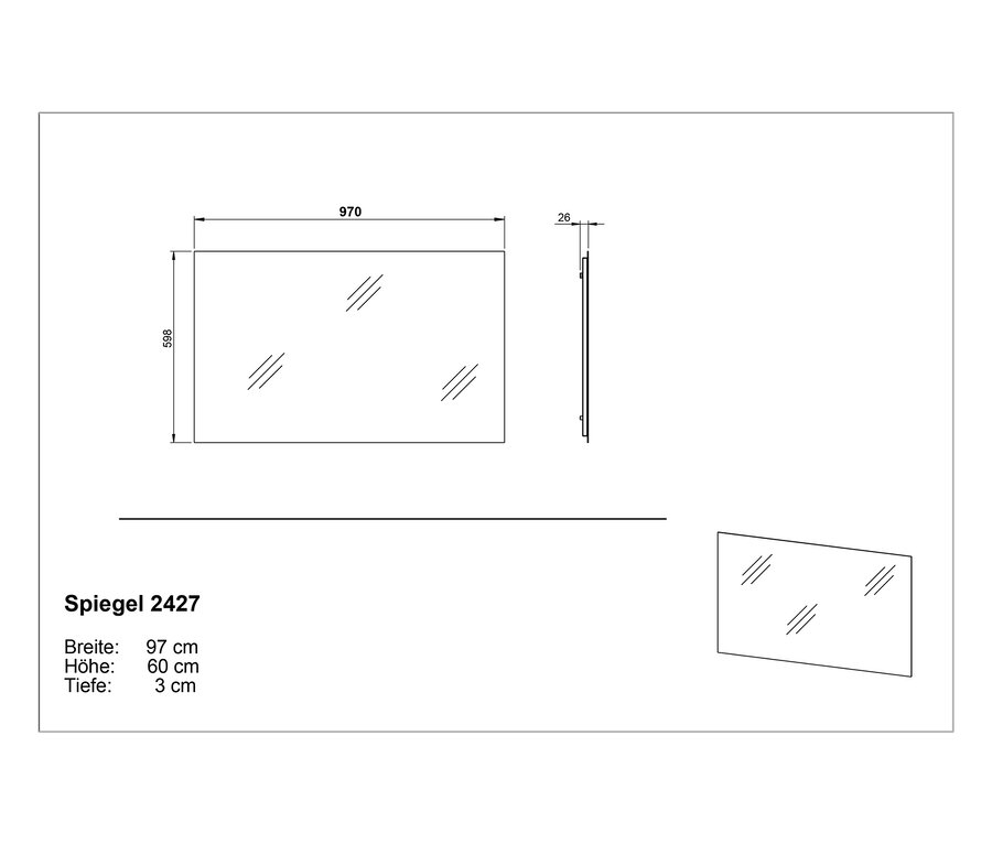 Technische Zeichnung eines Spiegels mit Maßangaben.