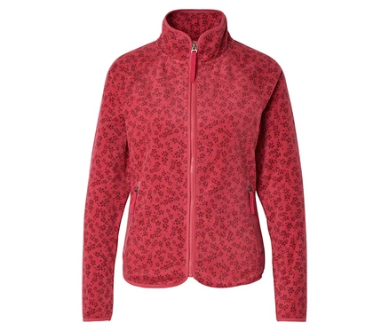 Rote Fleecejacke mit durchgehendem Reißverschluss und dunklem Blumenmuster.