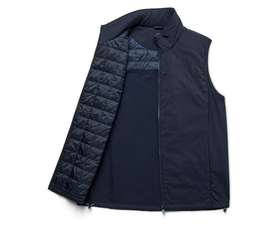 Offenliegende, marineblaue Weste mit Reißverschluss.