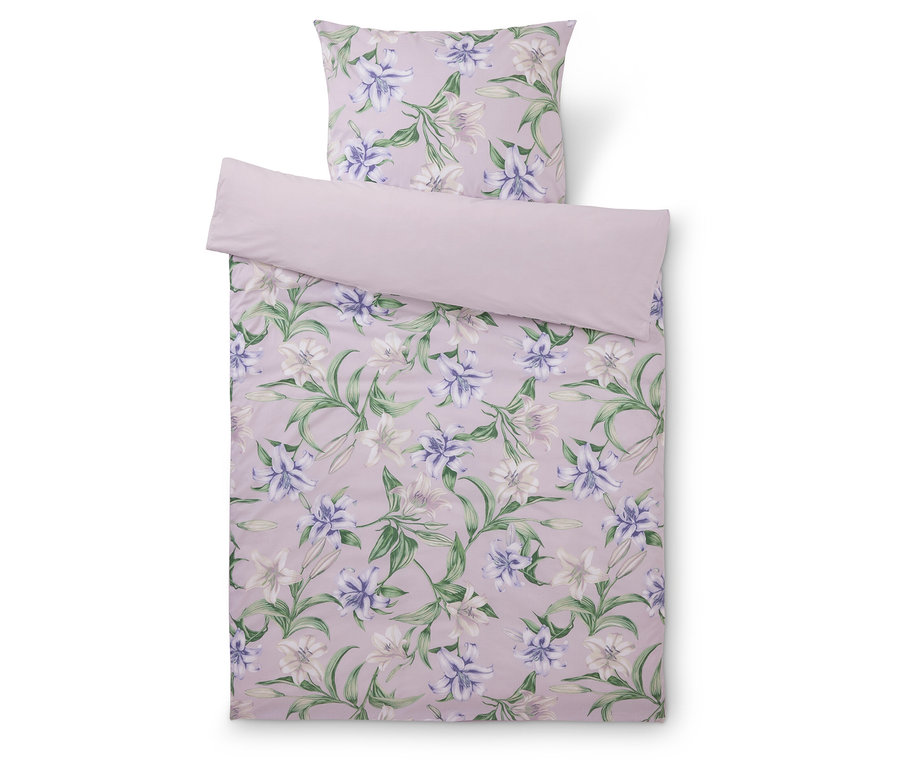 Bettwäsche-Set mit Blumenmuster in Lila und Grün, bestehend aus einem Kissenbezug und einem Bettbezug.