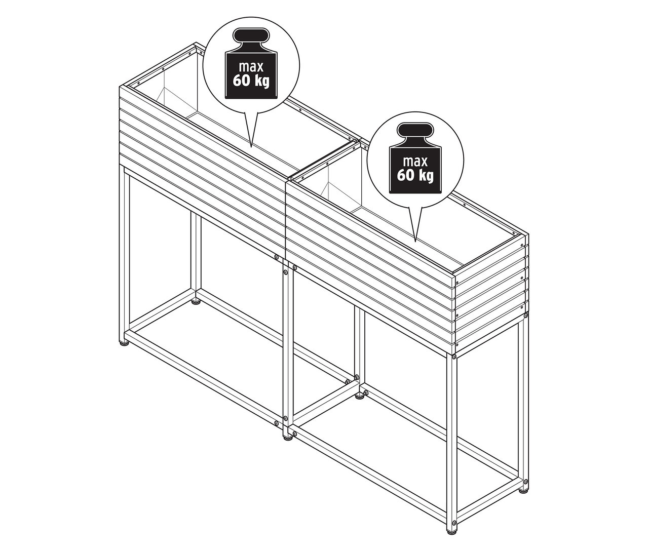 Illustration eines schlanken Hochbeets »Elin« mit einer maximalen Belastbarkeit von 60 kg pro Beet.