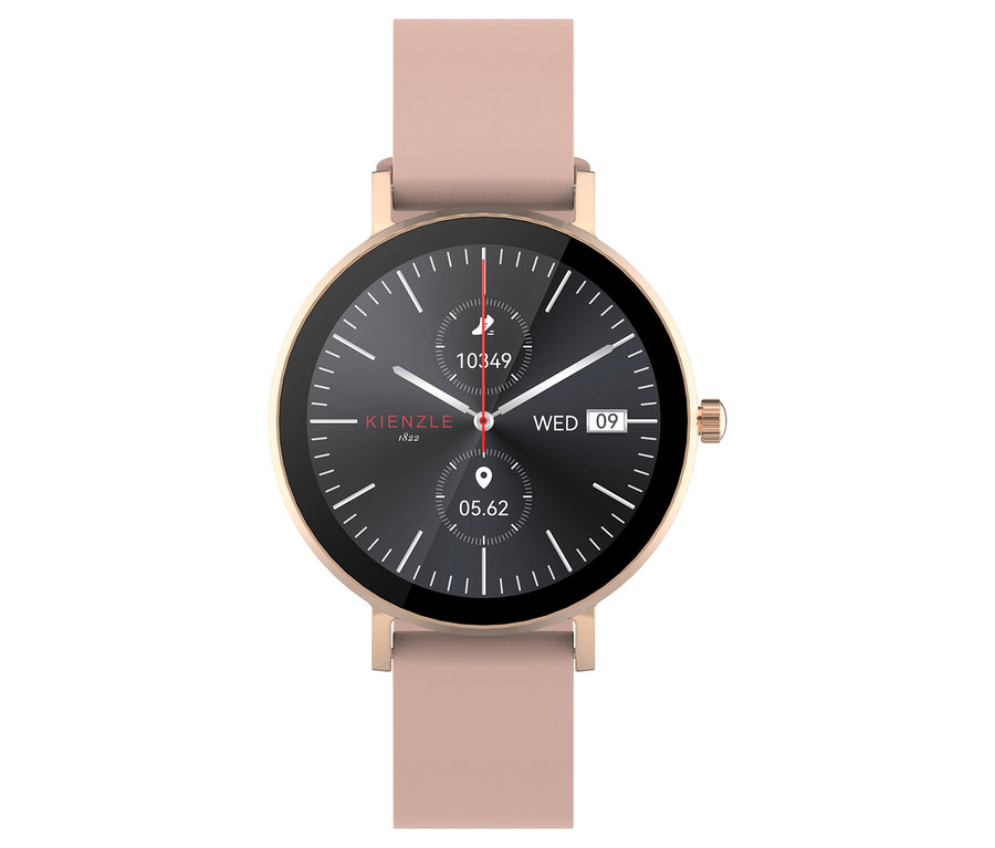 Nahaufnahme der roségoldfarbenen Kienzle Uhr »Active Smart Slim« mit schwarzem Zifferblatt und rosafarbenem Armband.