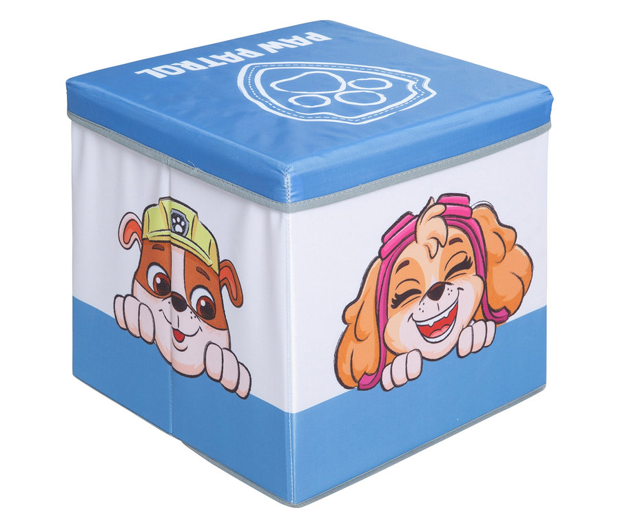 Blauer, würfelförmiger Paw Patrol Hocker mit Marshall und Skye Abbildungen.