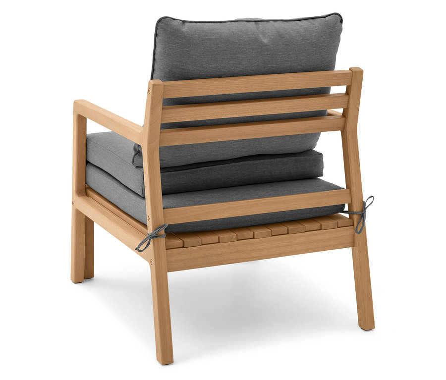 Rückansicht eines ausziehbaren Gartensessels mit grauen Polstern.