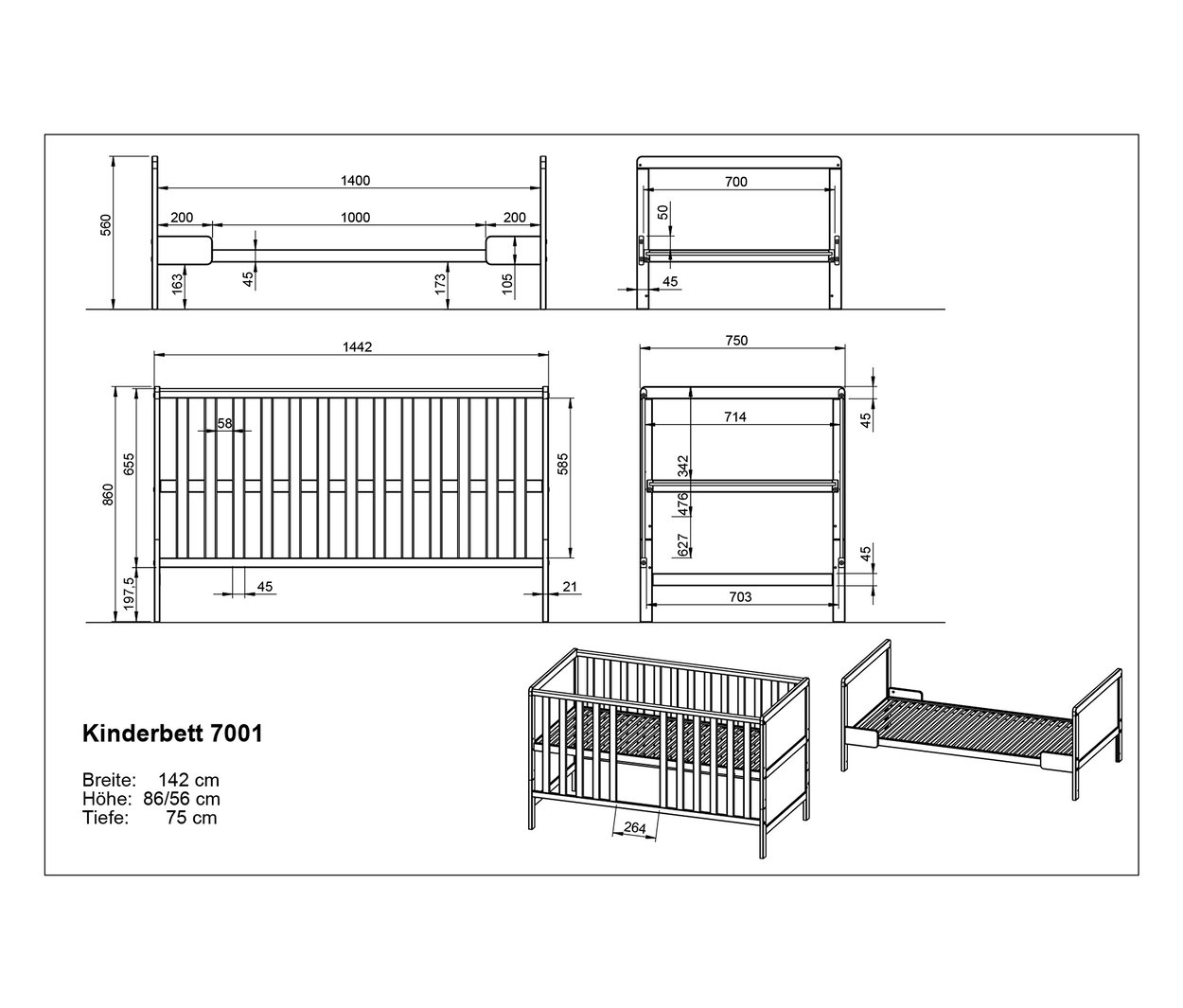 Technische Zeichnung eines Kinderbetts namens Kinderbett 7001 mit Breiten-, Höhen- und Tiefenangaben.