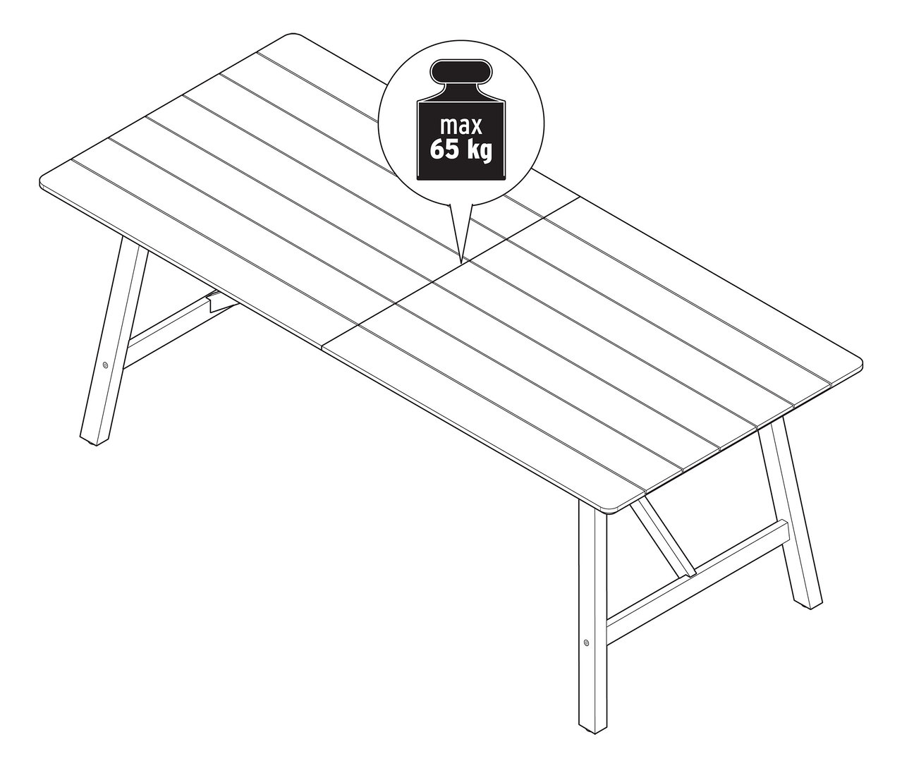 Illustration eines ausziehbaren Gartentisches mit rustikalem Gestell, ca. 200‒250 cm, mit einer maximalen Belastbarkeit von 65 kg.