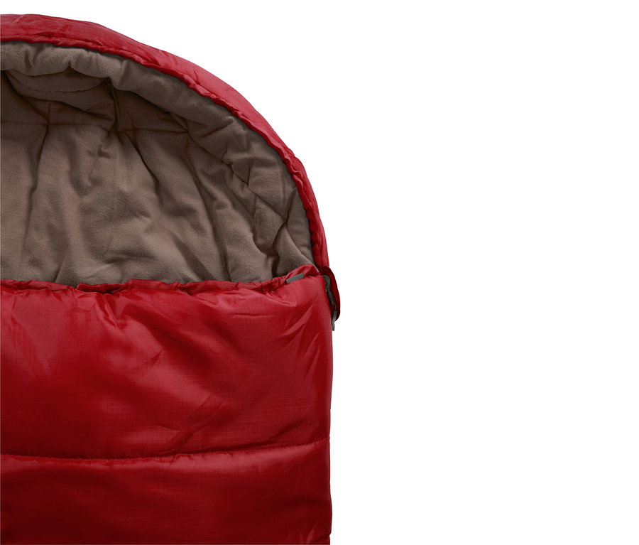 Nahaufnahme eines offenen, roten Grand Canyon "Utah 205" Schlafsacks mit braunem Innenfutter.