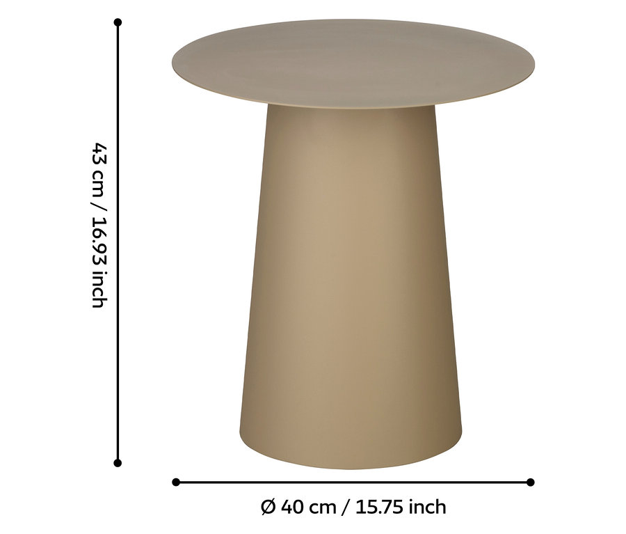 Beiger Beistelltisch mit runder Tischplatte und konischem Sockel.