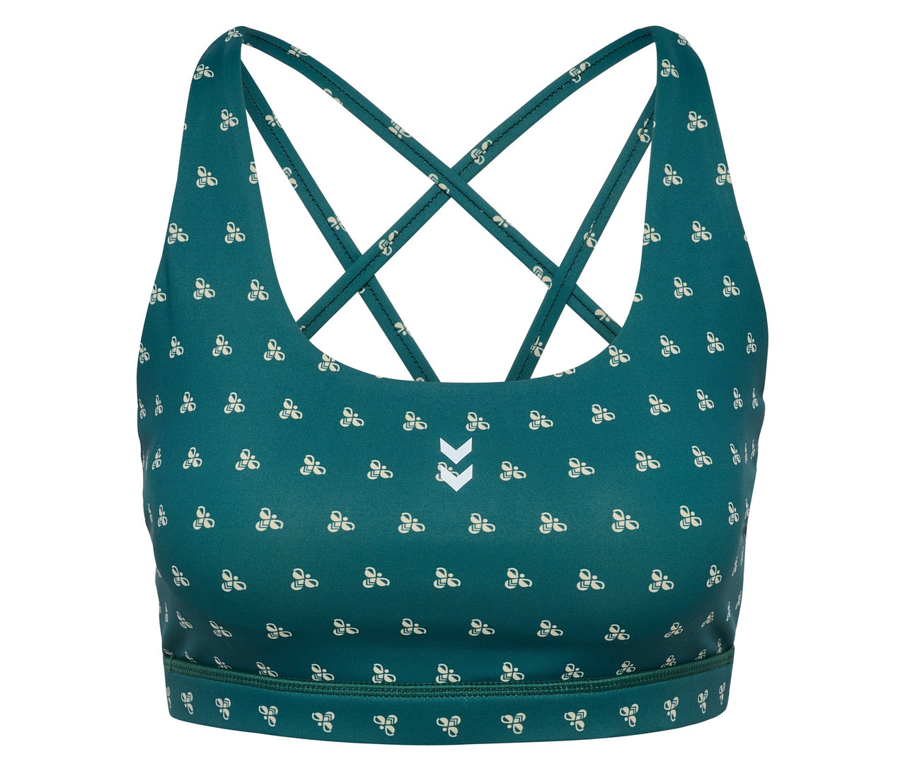 Nahaufnahme von HUMMEL Damen-Sport-BH in Grün mit weißem Muster und gekreuzten Trägern.
