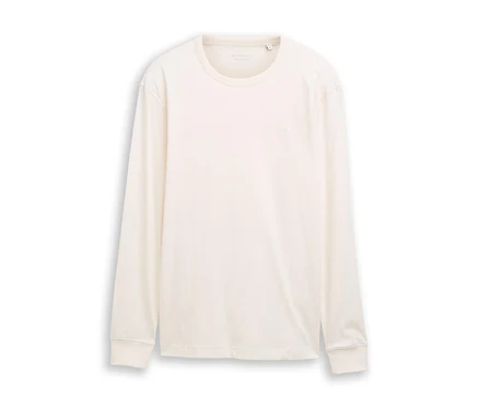 Ein Tom Tailor Basic Longsleeve in Gardenia White mit Rundhalsausschnitt und langen Ärmeln liegt flach auf einem weißen Hintergrund.