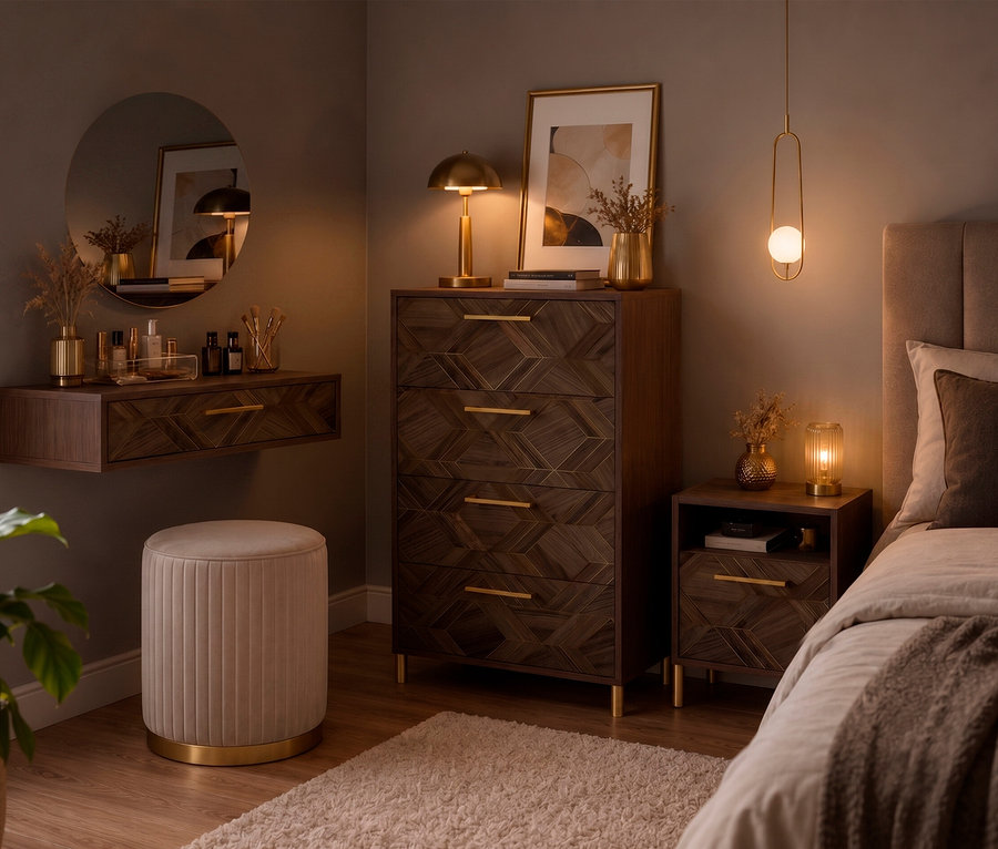 Ein Schlafzimmer mit dunklen Holzmöbeln mit geometrischem Muster, darunter eine Kommode, ein Nachttisch und ein schwebender Schminktisch mit rundem Spiegel. Goldene Akzente und warme Beleuchtung schaffen eine gemütliche Atmosphäre.