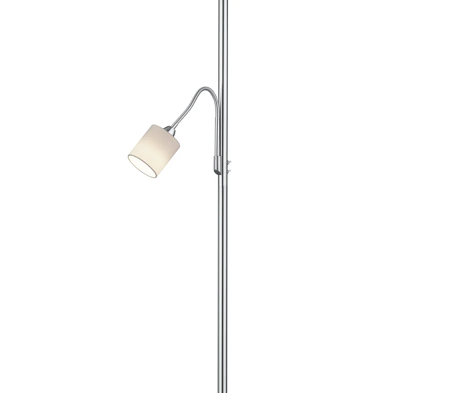 Stehlampe mit silbernem Gestell, großem weißen Stoffschirm und einem kleineren, verstellbaren Leselicht.