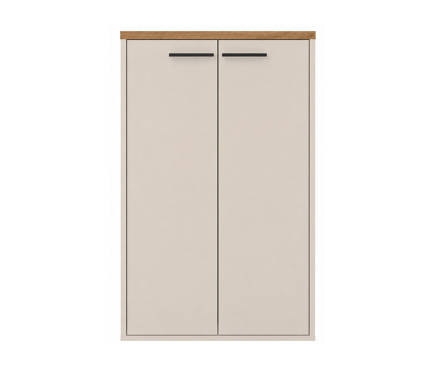 Ein beiger zweitüriger Schrank mit schwarzen horizontalen Griffen und einer hellbraunen Holzplatte.