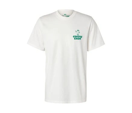 Weißes Unisex Coffee Crew T-Shirt mit kleinem, grünem Aufdruck.