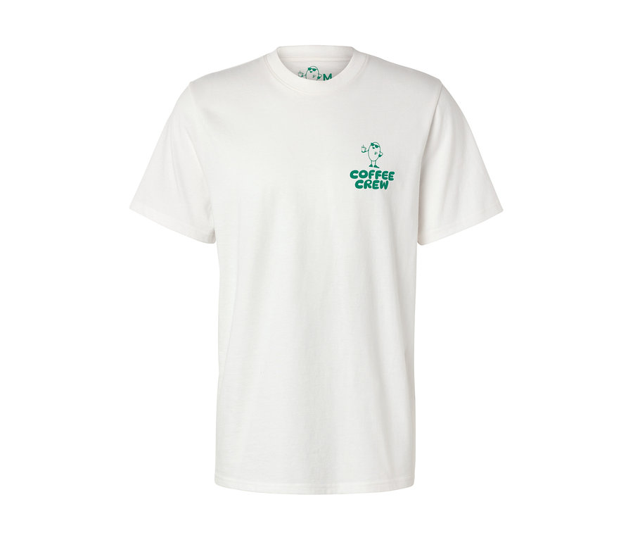 Weißes Unisex Coffee Crew T-Shirt mit kleinem, grünem Aufdruck.