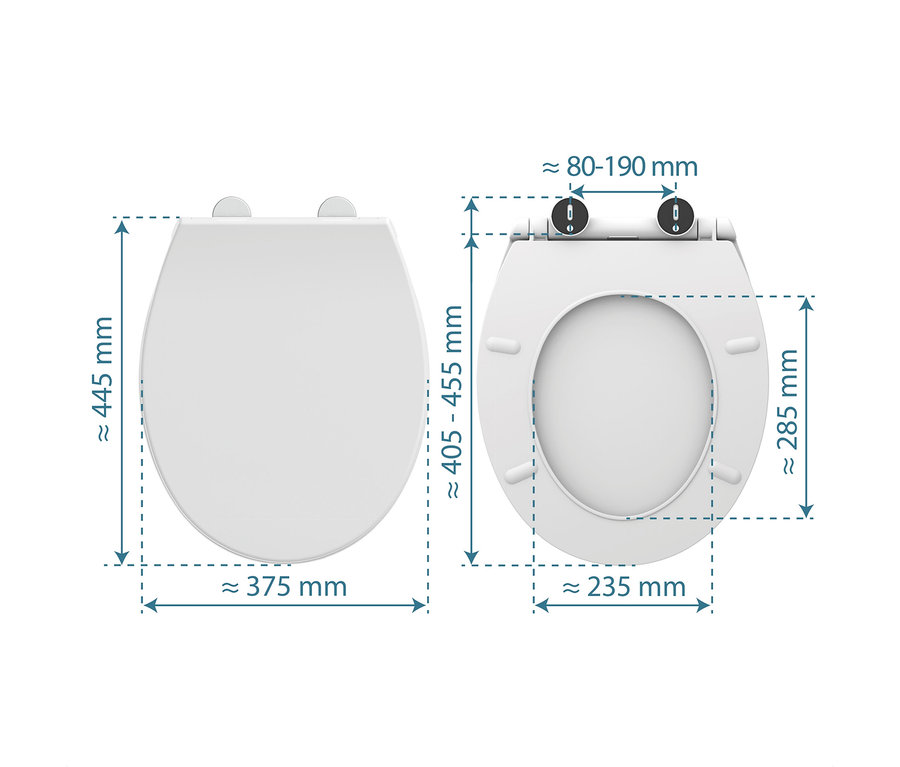 Thermoplast WC-Sitz »PREMIUM« mit Maßen. Links eine Draufsicht des geschlossenen Sitzes (ca. 445x375 mm), rechts eine Draufsicht des geöffneten Sitzes mit weiteren Maßen (ca. 405-455 mm Länge, 285x235 mm Öffnung, 80-190 mm Scharnierabstand).