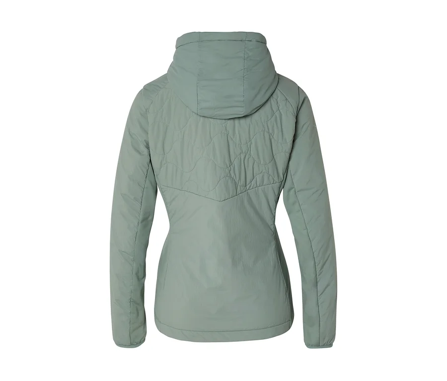 Rückenansicht einer hellgrünen Jacke mit Kapuze. Der obere Rücken und die Kapuze haben ein wellenförmiges Steppmuster, der untere Rücken und die Ärmel sind glatt.