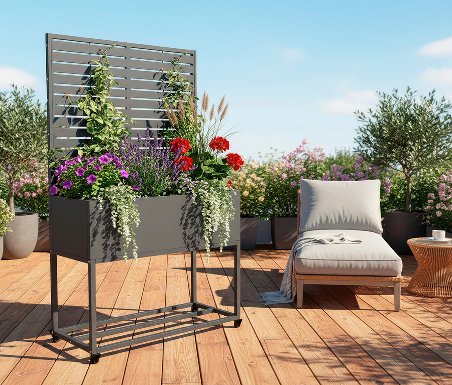 Ein dunkelgrauer Sichtschutz mit Pflanzkasten, gefüllt mit lila, roten und weißen Blumen, steht auf einer Holzterrasse. Kletterpflanzen ranken sich am Sichtschutz empor. Rechts daneben stehen ein hellgrauer Liegestuhl und ein kleiner Korbtisch, im Hintergrund sind Topfpflanzen unter blauem Himmel zu sehen.