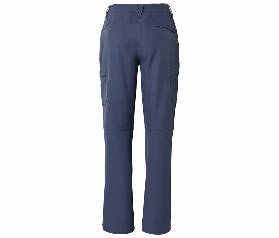 Rückansicht einer dunkelblauen Outdoor-Hose mit Cargotaschen an den Oberschenkeln, einer Gesäßtasche und einem Reißverschluss an den Knien.