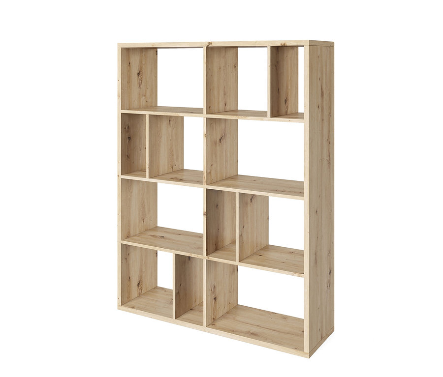 Ein hellbraunes, hölzernes Bücherregal mit zwölf Fächern steht vor einem weißen Hintergrund.