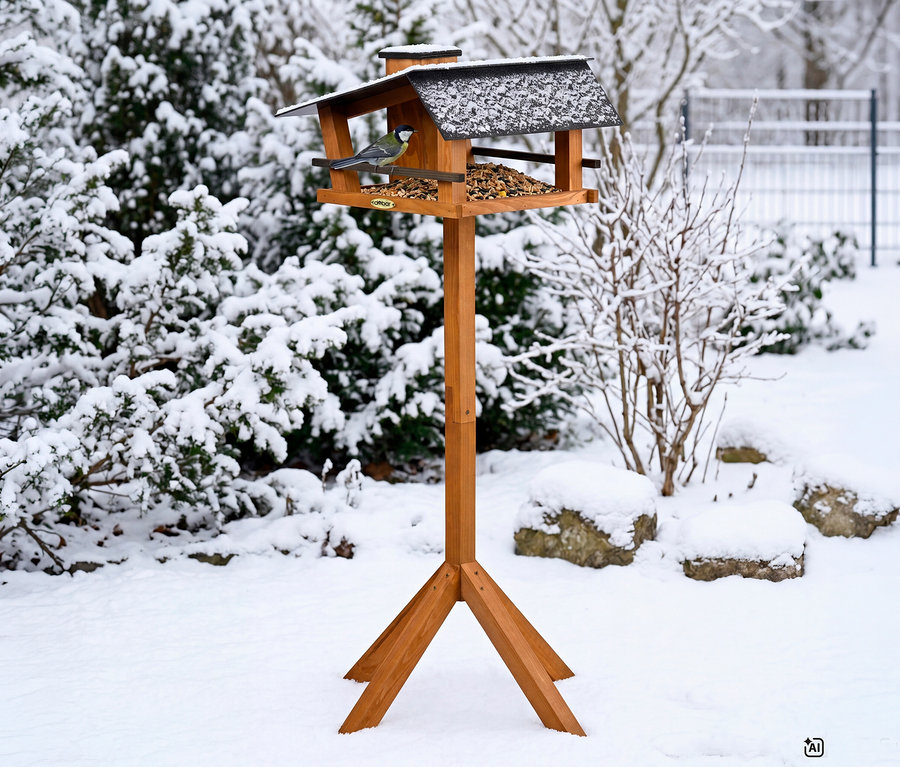 Ein Dobar Vogelhaus mit Ständer steht im Schnee, ein Vogel frisst aus dem gefüllten Futterhaus.