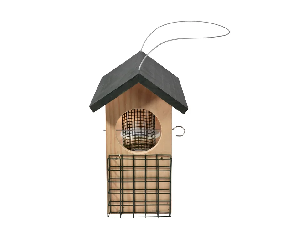 Ein 7-in-1-Futterstation aus Holz mit schwarzem Dach und Metallgittern.