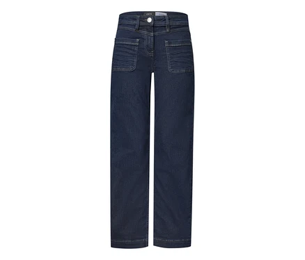 Dunkelblaue CECIL Jeans mit geradem Bein, hoher Taille und aufgesetzten Vordertaschen.