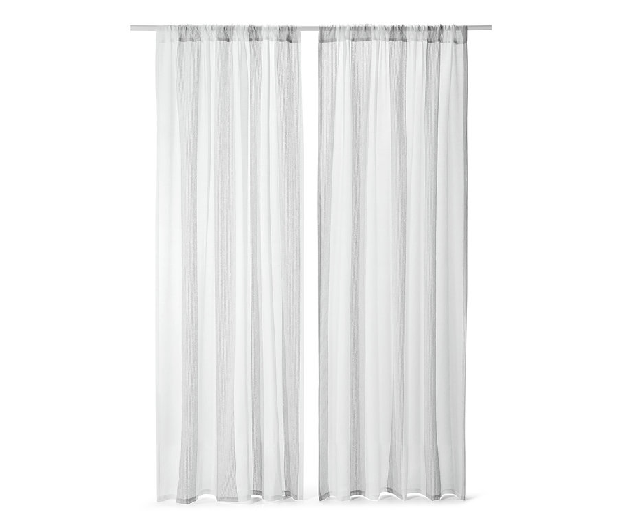 Zwei weiße, transparente Vorhangschals mit grauen Streifen.