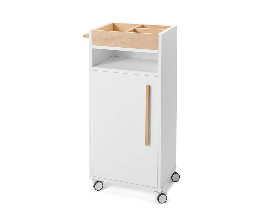 Weißer Bad-Beistellwagen »Eklund« mit Holzdetails und Rollen.
