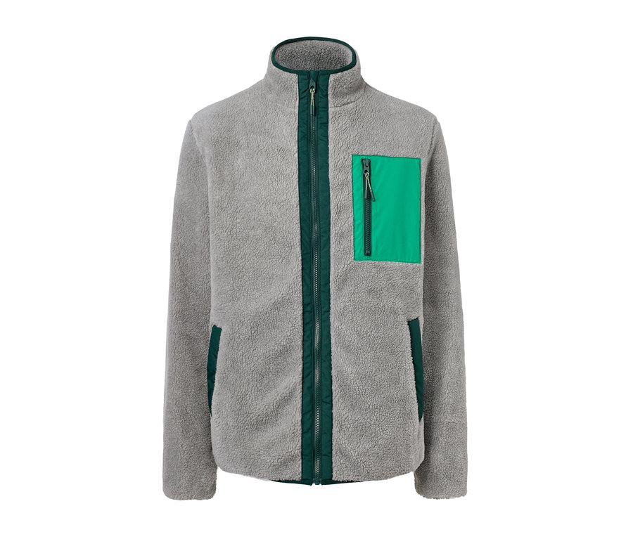 Graue Wendejacke mit Taschen und grünen Reißverschlüssen.