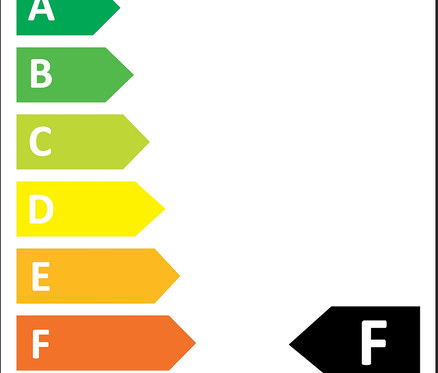 Energielabel mit Energieeffizienzklassen von A bis G, wobei F schwarz markiert ist.