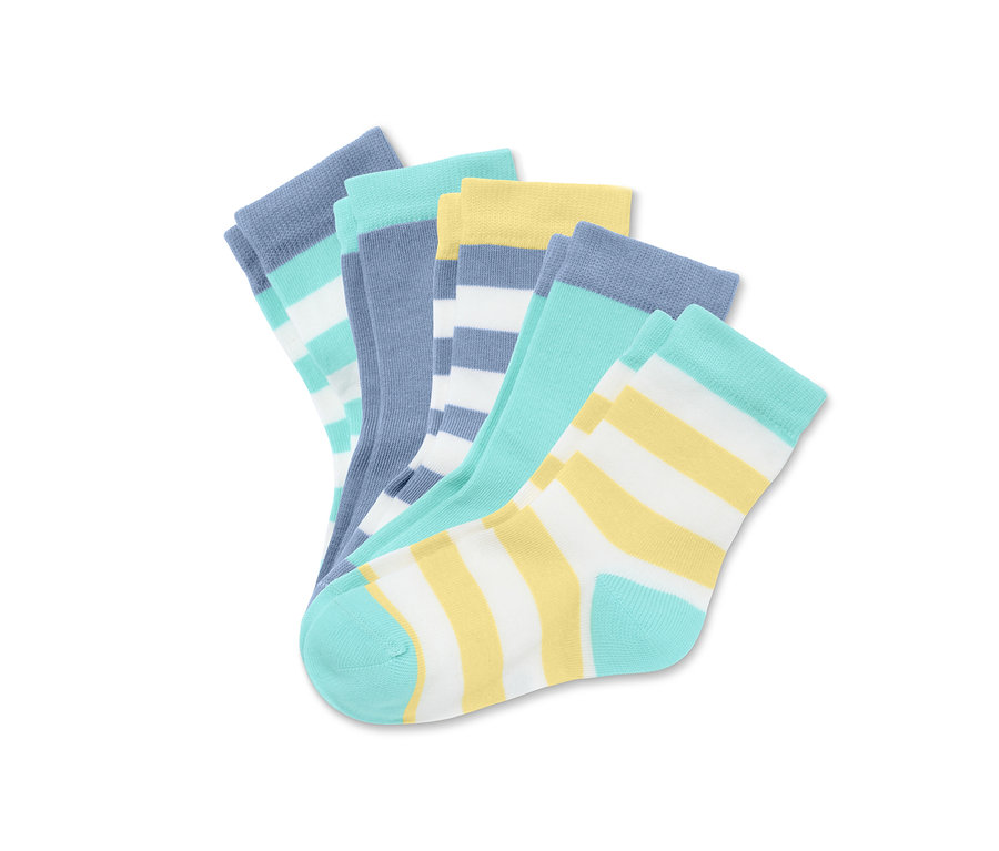 Fünf Paar mehrfarbige Socken aus Bio-Baumwolle.