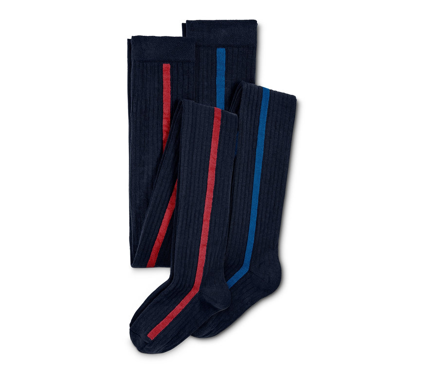 Zwei marineblaue Mädchen-Strumpfhosen mit roten und blauen Streifen.